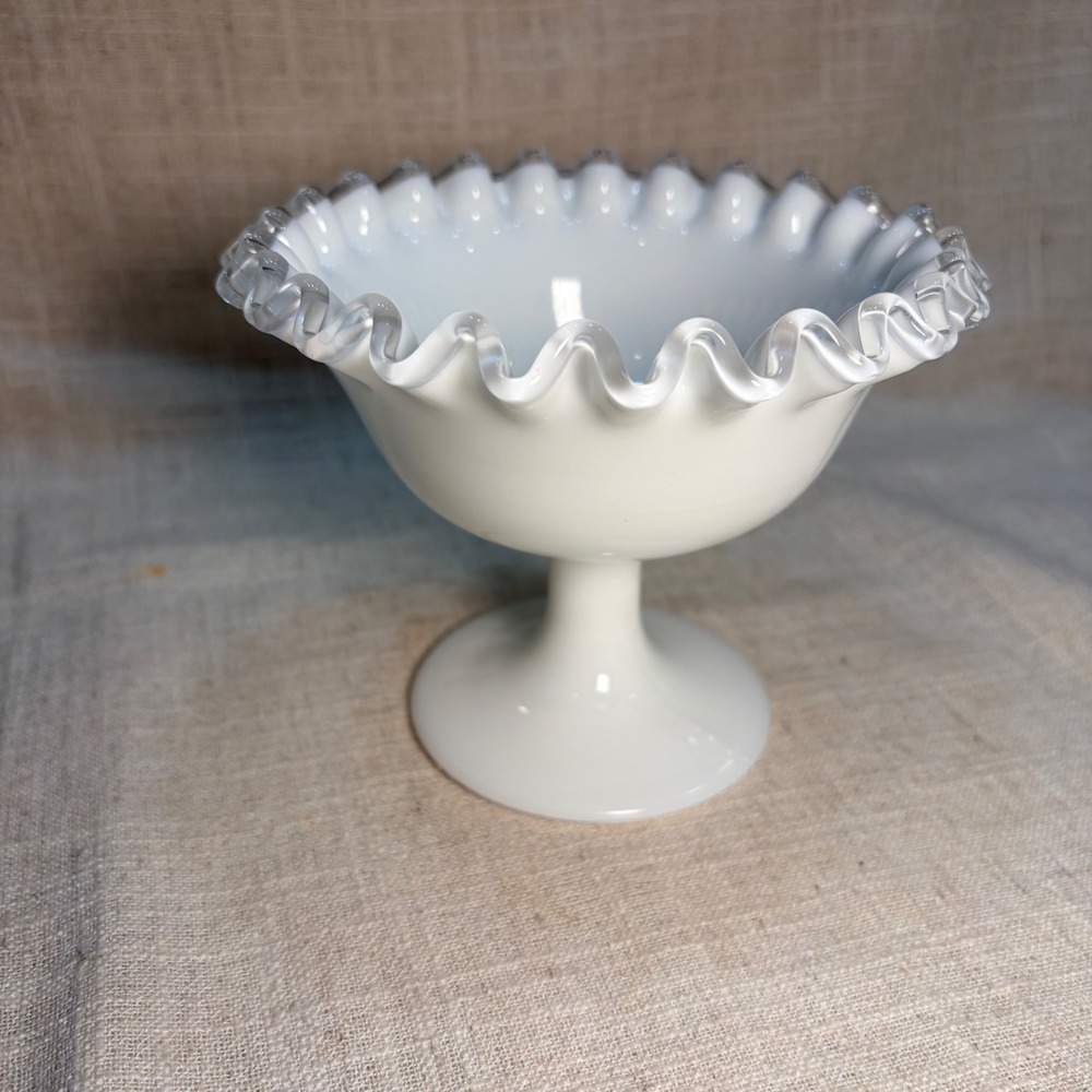 Fenton White Milk Glass Ruffled Edge Footed Candy Dish Compote Bowl